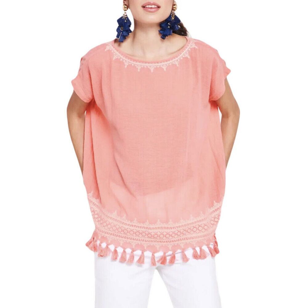 Roberta ROLLER RABBIT Womens Lalla Boxy Top Woven Coral Sz XS Tassel Embroidered